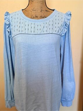 LOF Powder Blue Eyelet Yoke Ruffle Long-Sleeve Top